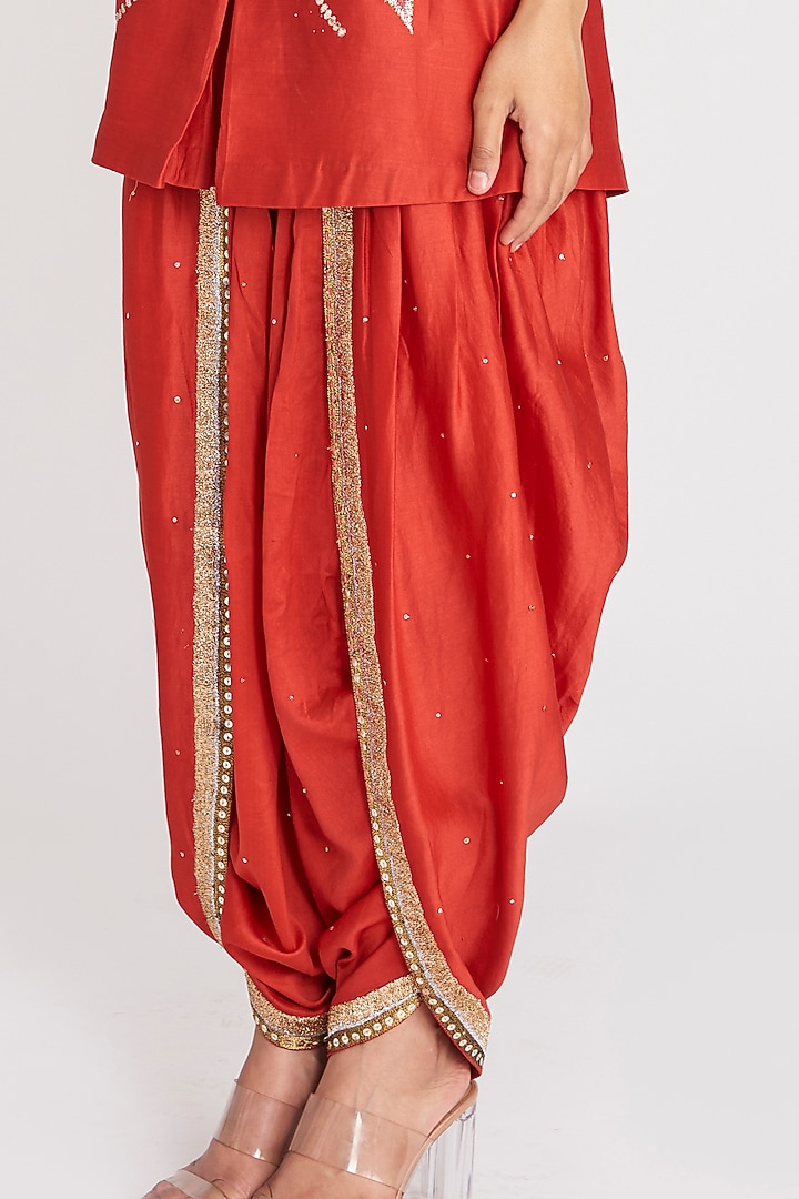 Rust Red Chanderi Silk Embellished Dhoti Set by Aisha Rao at Pernia's Pop Up Shop