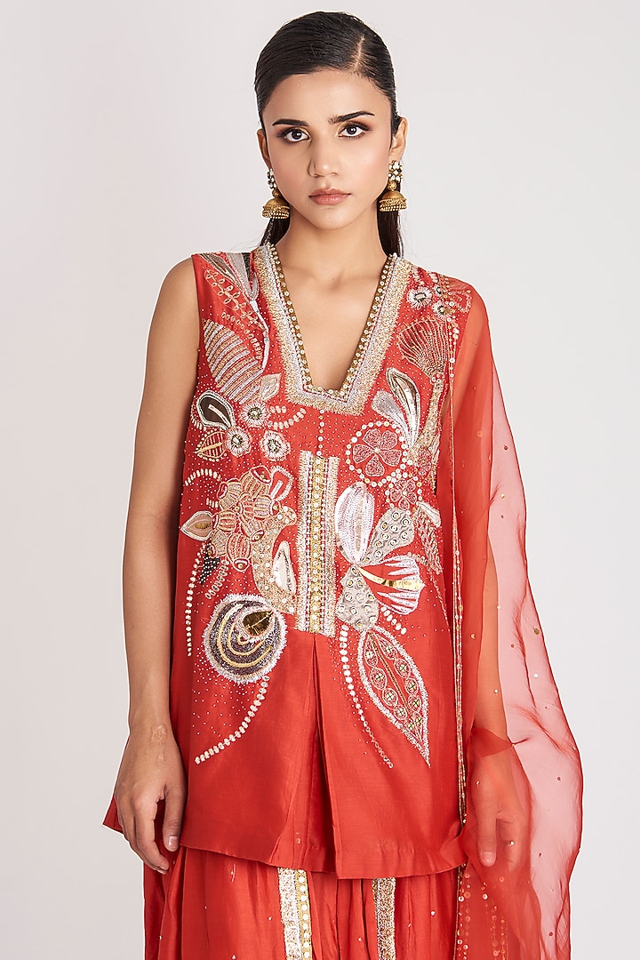 Rust Red Chanderi Silk Embellished Dhoti Set by Aisha Rao at Pernia's Pop Up Shop