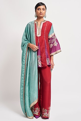 Auburn Red Habutai Silk Embellished Kurta Set by Aisha Rao