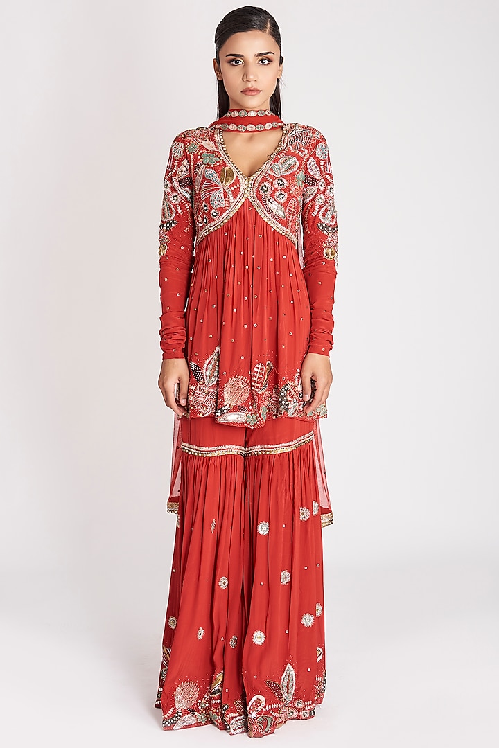 Rust Red Mulberry Crepe Gharara Set by Aisha Rao at Pernia's Pop Up Shop
