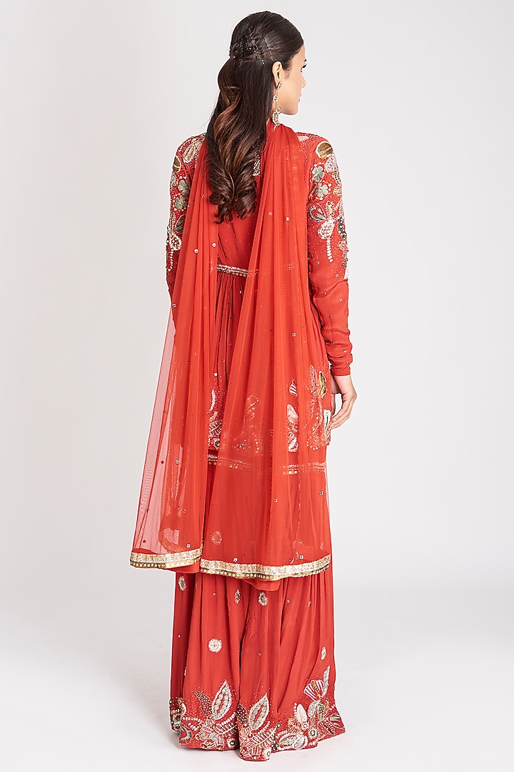 Rust Red Mulberry Crepe Gharara Set by Aisha Rao at Pernia's Pop Up Shop
