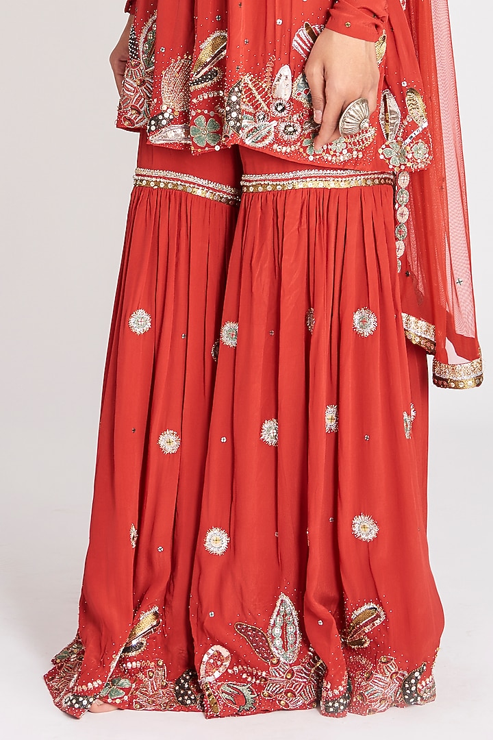 Rust Red Mulberry Crepe Gharara Set by Aisha Rao at Pernia's Pop Up Shop