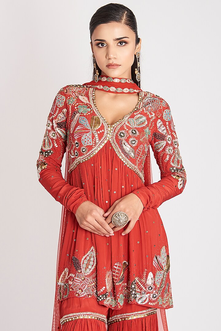 Rust Red Mulberry Crepe Gharara Set by Aisha Rao at Pernia's Pop Up Shop