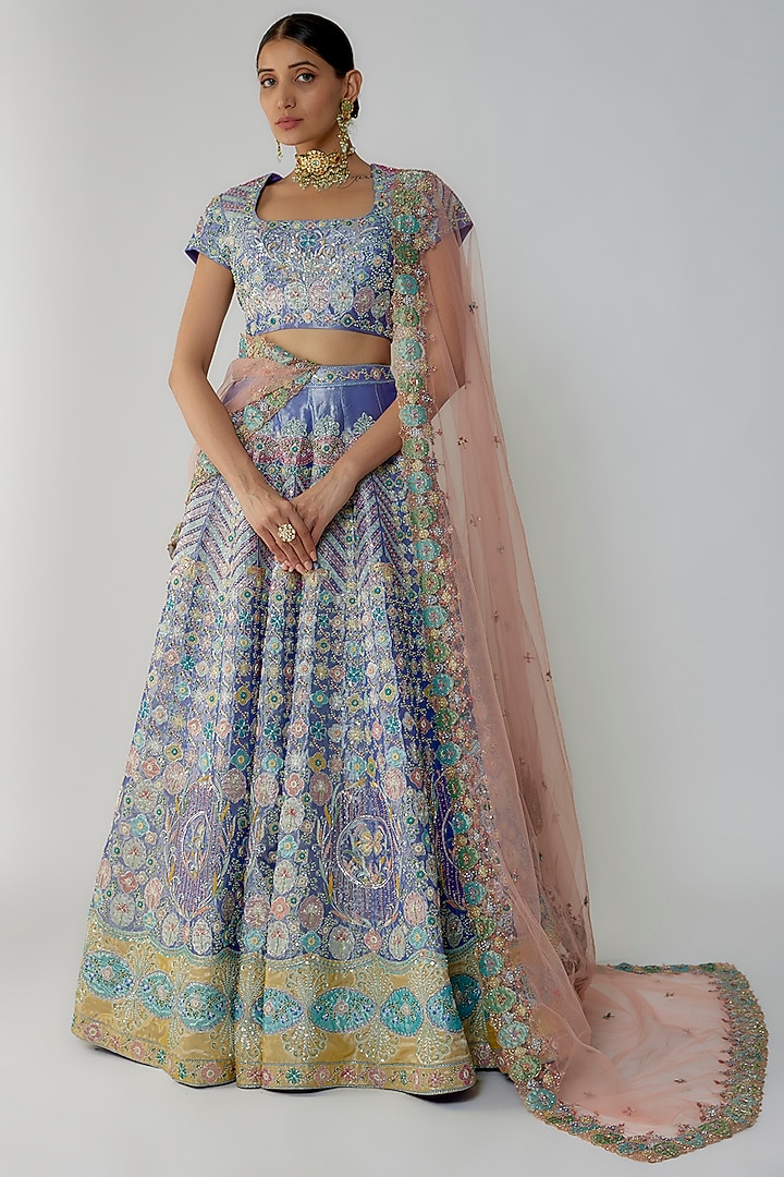 Blue Tissue Embellished Bridal Lehenga Set by Aisha Rao at Pernia's Pop Up Shop