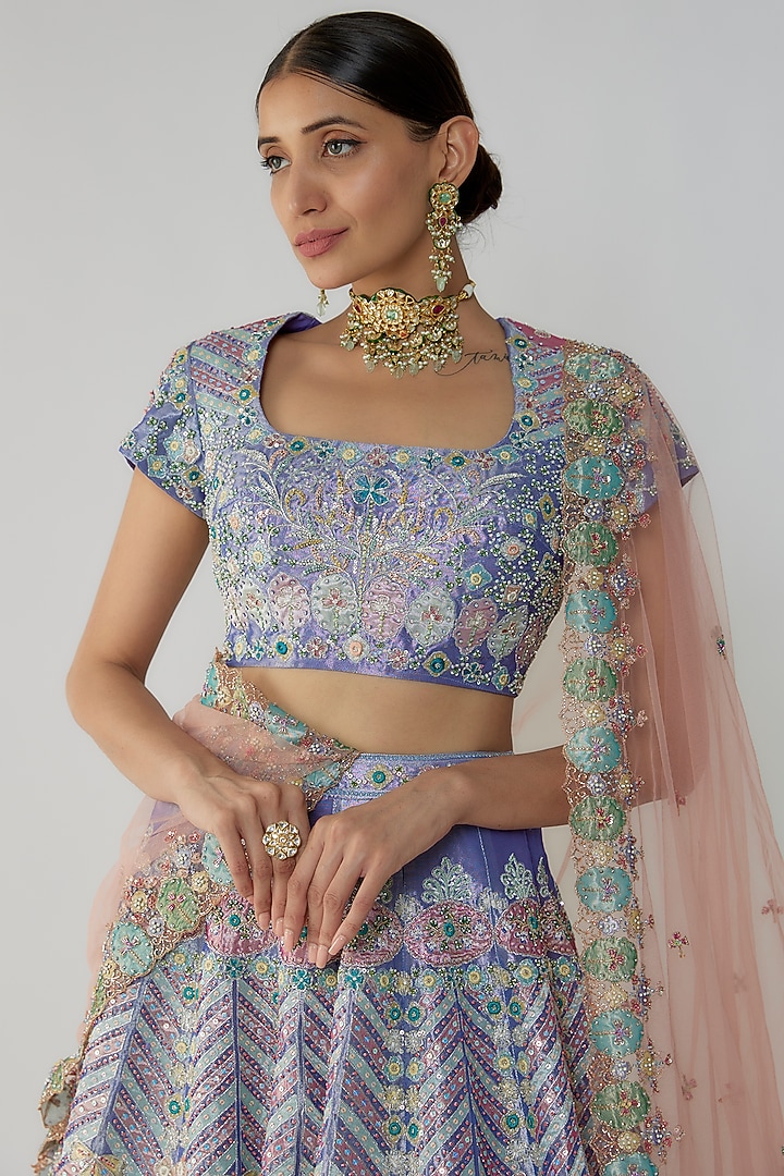 Blue Tissue Embellished Bridal Lehenga Set by Aisha Rao at Pernia's Pop Up Shop