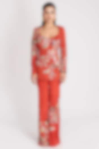 Rufous Red Bemberg Silk Embellished Co-Ord Set by Aisha Rao at Pernia's Pop Up Shop
