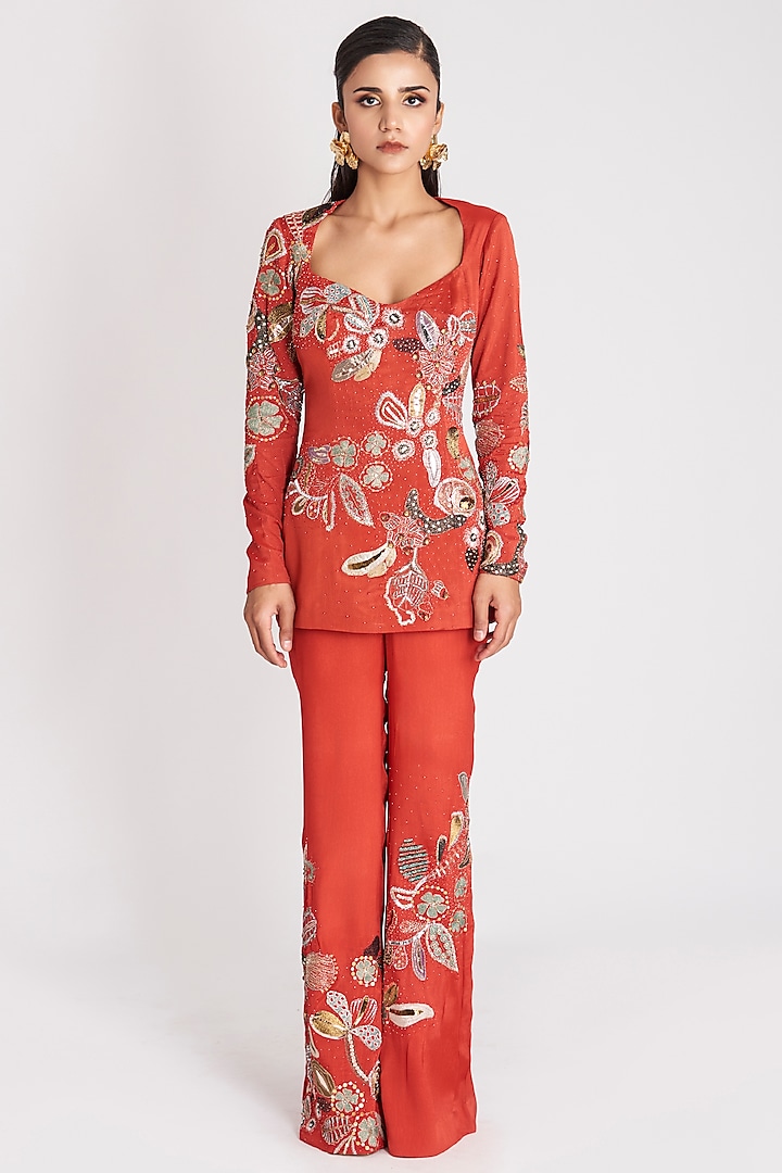 Rufous Red Bemberg Silk Embellished Co-Ord Set by Aisha Rao at Pernia's Pop Up Shop