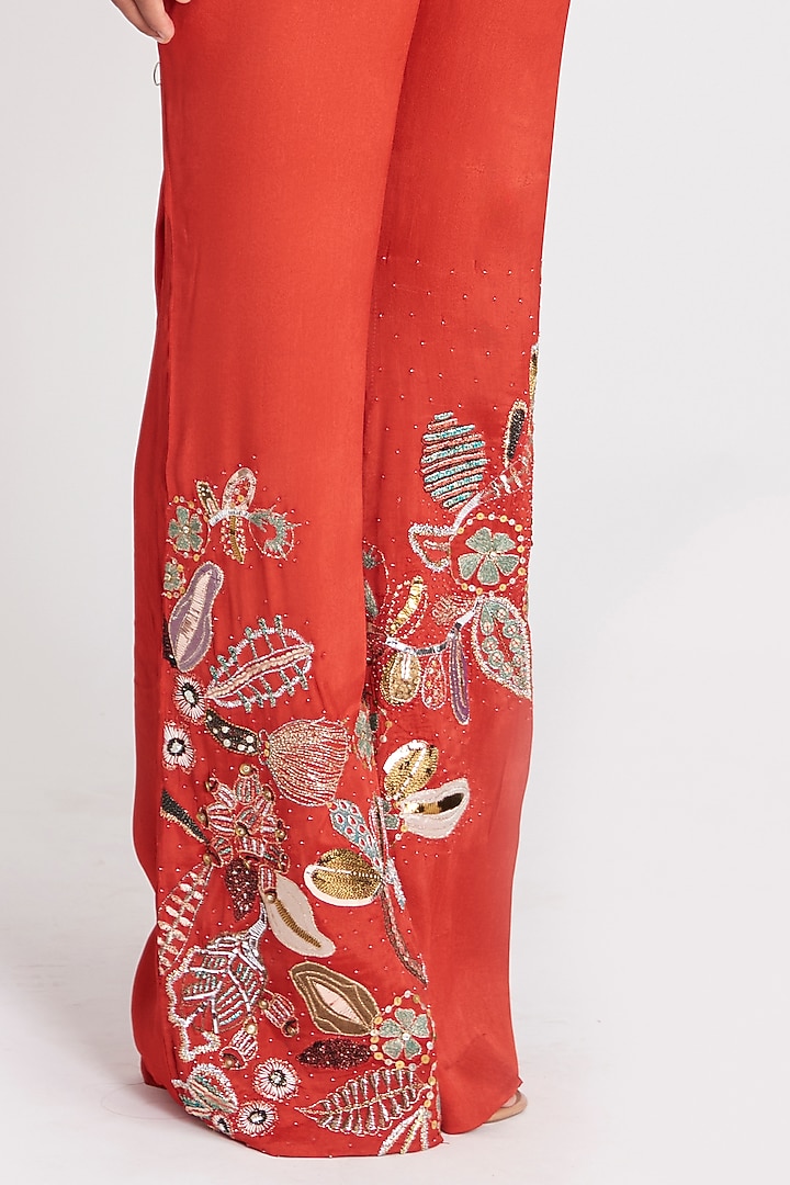 Rufous Red Bemberg Silk Embellished Co-Ord Set by Aisha Rao at Pernia's Pop Up Shop