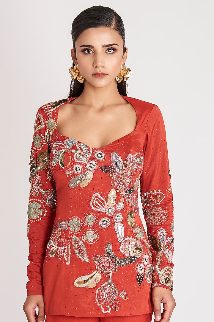 Rufous Red Bemberg Silk Embellished Co-Ord Set by Aisha Rao at Pernia's Pop Up Shop