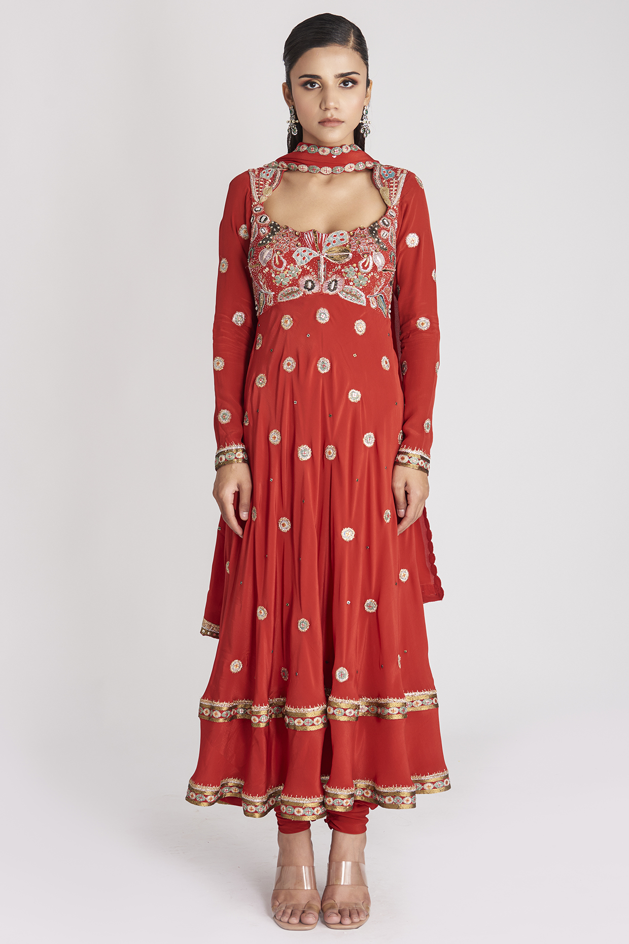 Rust Red Mulberry Crepe Embellished Bridal Anarkali Set by Aisha Rao at Pernia's Pop Up Shop