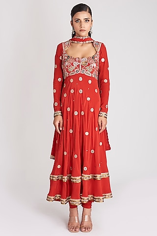Rust Red Mulberry Crepe Embellished Anarkali Set by Aisha Rao