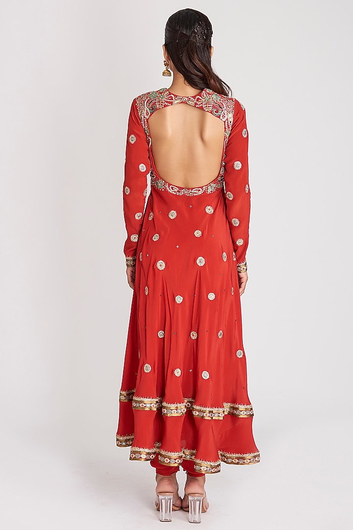 Rust Red Mulberry Crepe Embellished Bridal Anarkali Set by Aisha Rao at Pernia's Pop Up Shop