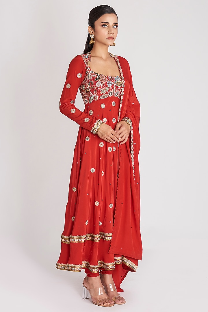 Rust Red Mulberry Crepe Embellished Bridal Anarkali Set by Aisha Rao at Pernia's Pop Up Shop