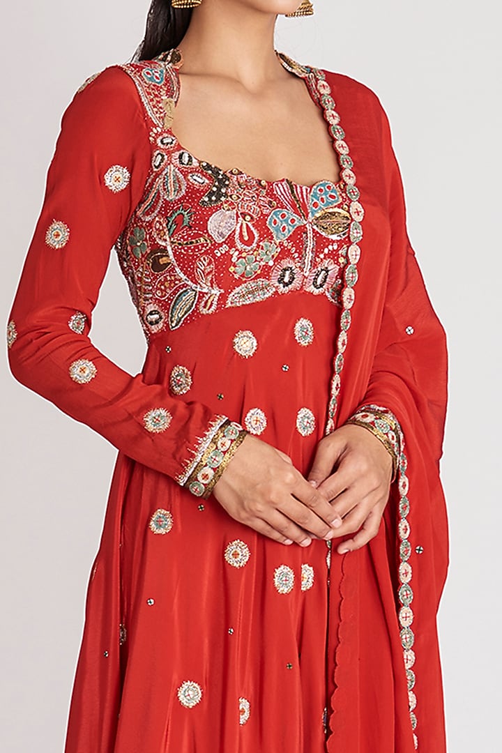 Rust Red Mulberry Crepe Embellished Bridal Anarkali Set by Aisha Rao at Pernia's Pop Up Shop