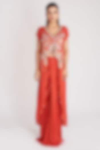 Red Pure Chiffon Satin Embellished Skirt Set by Aisha Rao at Pernia's Pop Up Shop