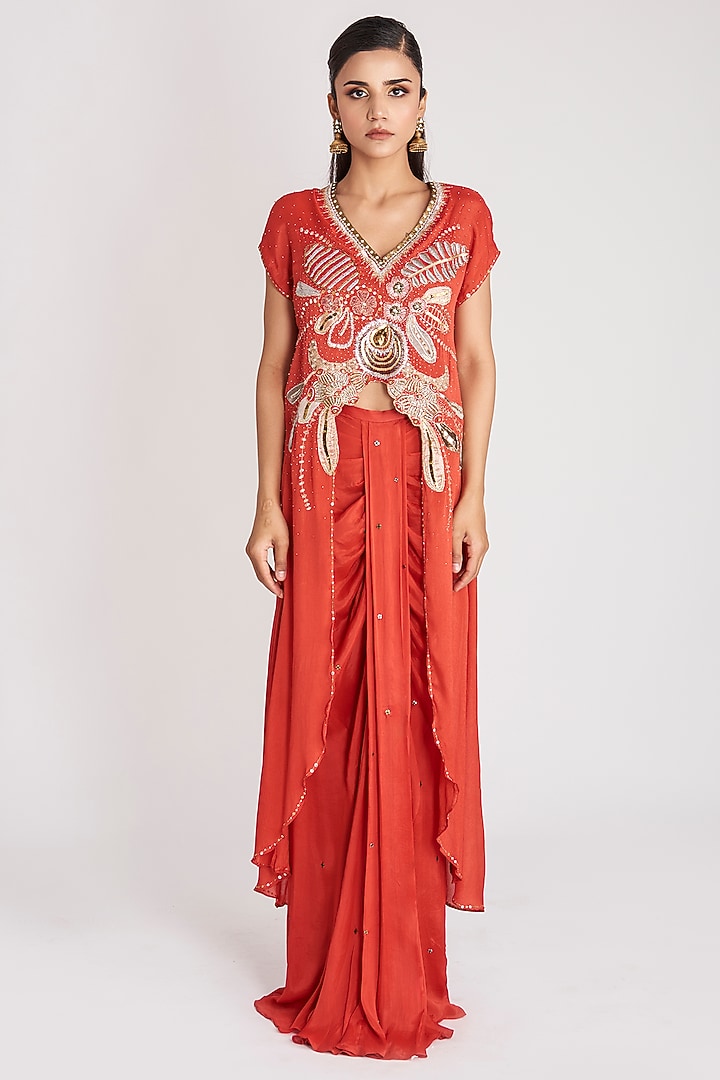 Red Pure Chiffon Satin Embellished Skirt Set by Aisha Rao at Pernia's Pop Up Shop