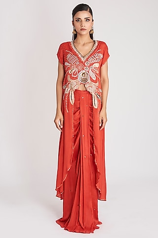 Red Pure Chiffon Satin Embellished Skirt Set by Aisha Rao