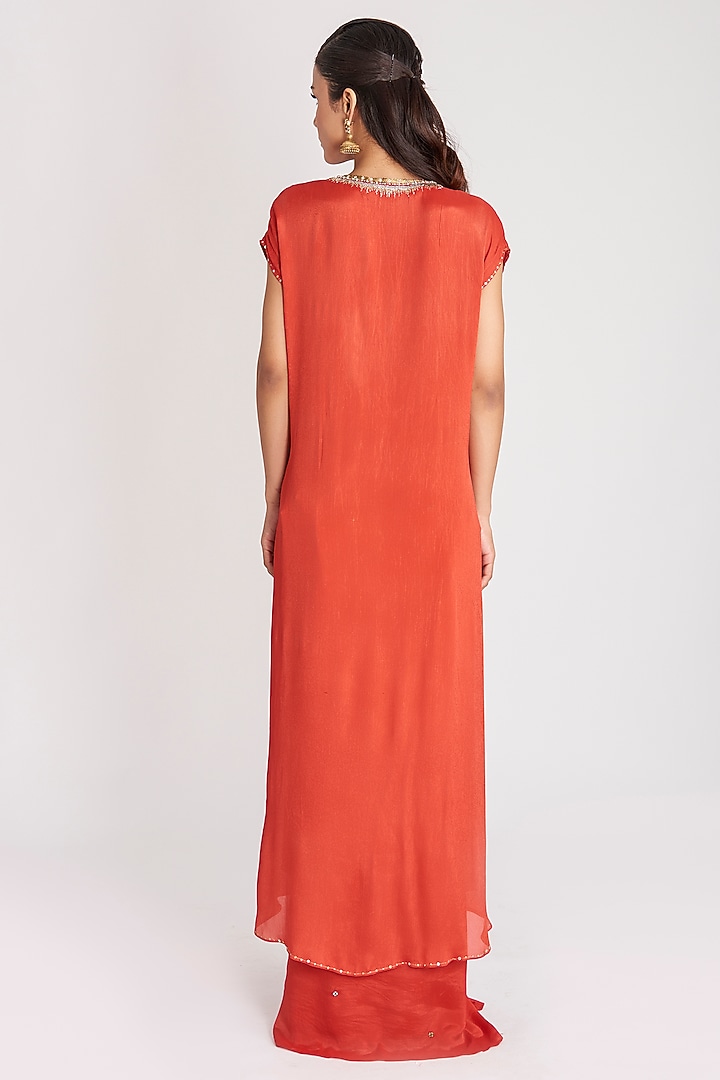 Red Pure Chiffon Satin Embellished Skirt Set by Aisha Rao at Pernia's Pop Up Shop