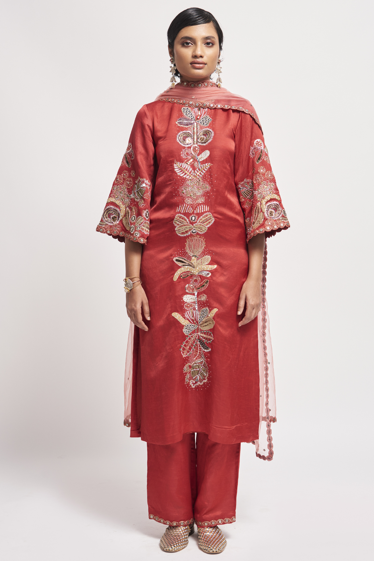Rust Red Linen Satin Embellished Kurta Set by Aisha Rao at Pernia's Pop Up Shop