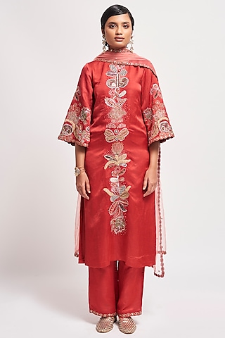 Rust Red Linen Satin Embellished Kurta Set by Aisha Rao