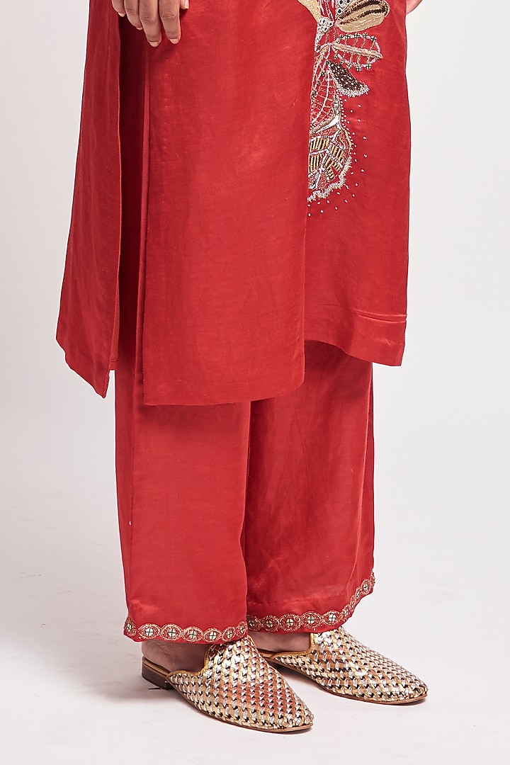 Rust Red Linen Satin Embellished Kurta Set by Aisha Rao at Pernia's Pop Up Shop