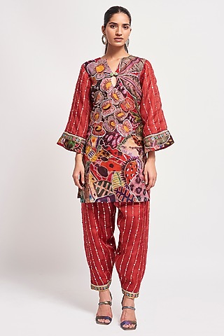 Multi-Colored Organza Printed & Embellished Kurta Set  by Aisha Rao
