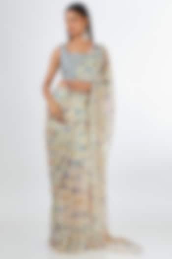 Ivory Sequins Printed Pre-Draped Wedding Saree Set by Aisha Rao at Pernia's Pop Up Shop