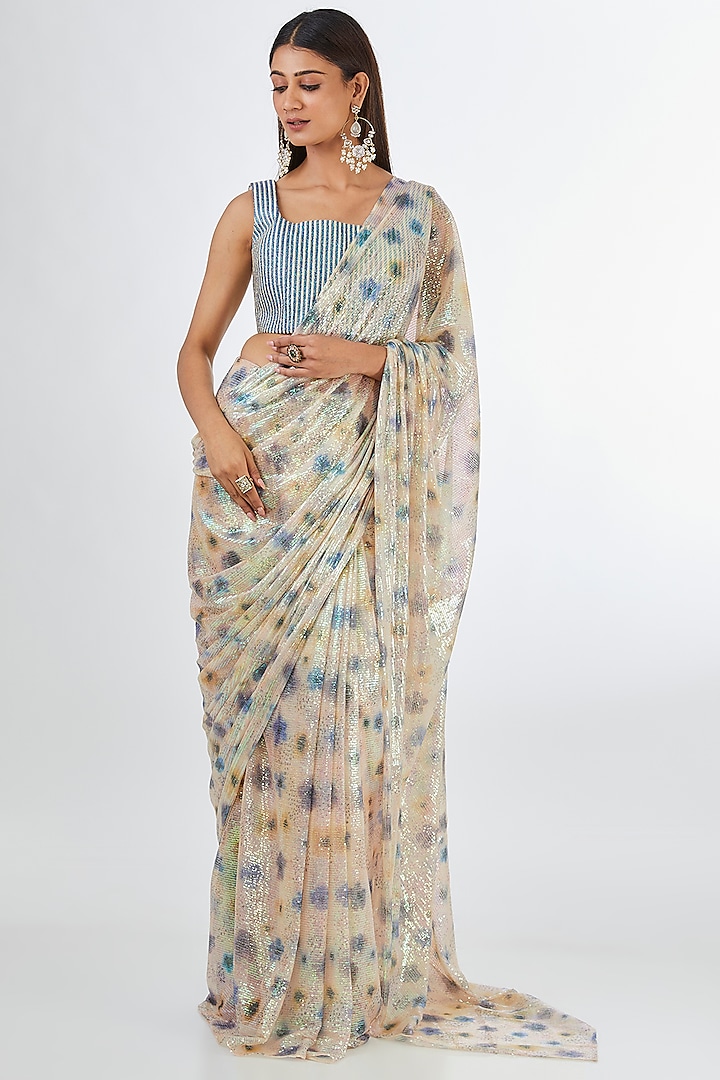 Ivory Sequins Printed Pre-Draped Wedding Saree Set by Aisha Rao at Pernia's Pop Up Shop