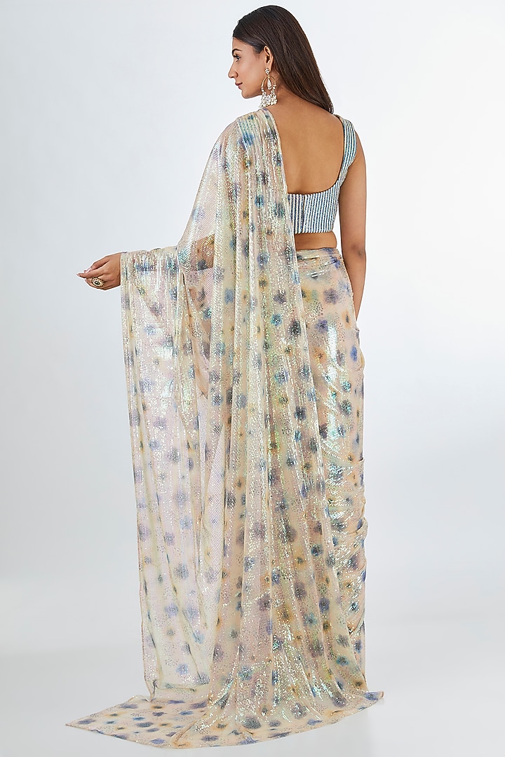 Ivory Sequins Printed Pre-Draped Reception Saree Set by Aisha Rao at Pernia's Pop Up Shop
