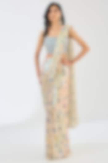 Ivory Sequins Tulle Printed Pre-Draped Wedding Saree Set by Aisha Rao at Pernia's Pop Up Shop