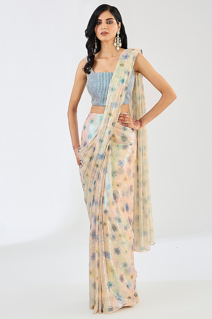Ivory Sequins Tulle Printed Pre-Draped Wedding Saree Set by Aisha Rao at Pernia's Pop Up Shop