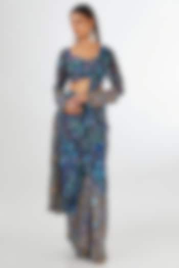 Spectrum Blue Georgette Printed & Embellished Draped Reception Saree Set by Aisha Rao at Pernia's Pop Up Shop