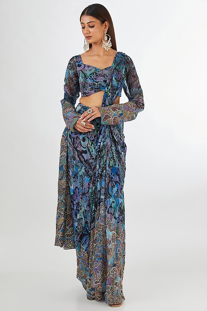 Spectrum Blue Georgette Printed & Embellished Draped Reception Saree Set by Aisha Rao at Pernia's Pop Up Shop