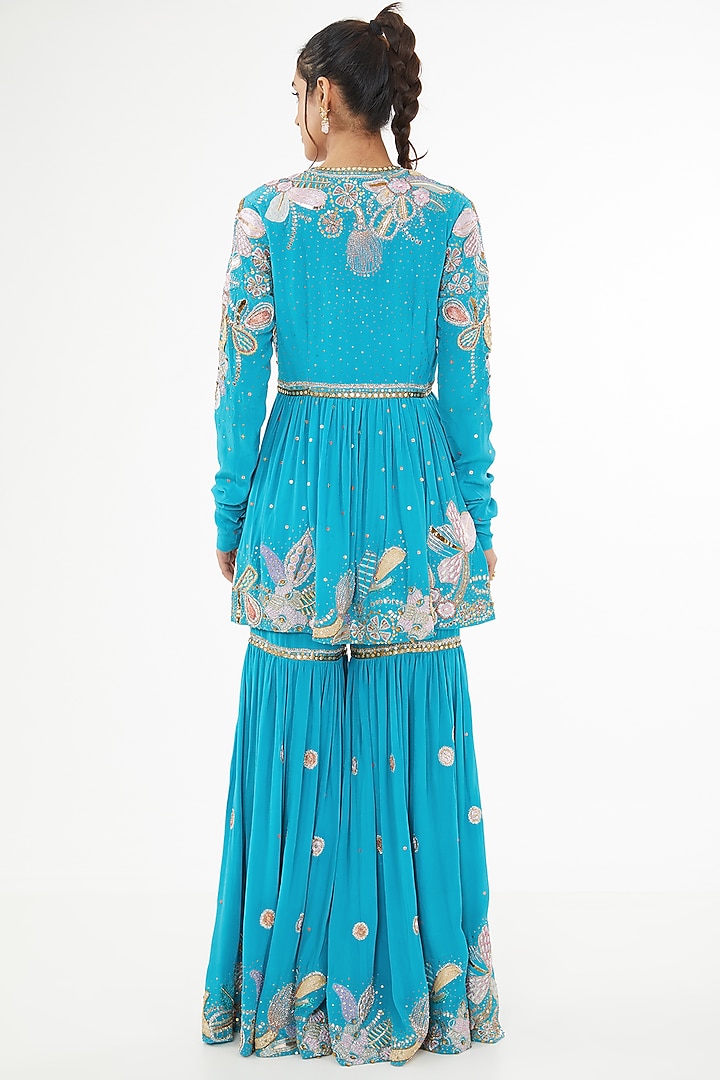Cyan Blue Mulberry Crepe Applique Embellished Gharara Set by Aisha Rao at Pernia's Pop Up Shop