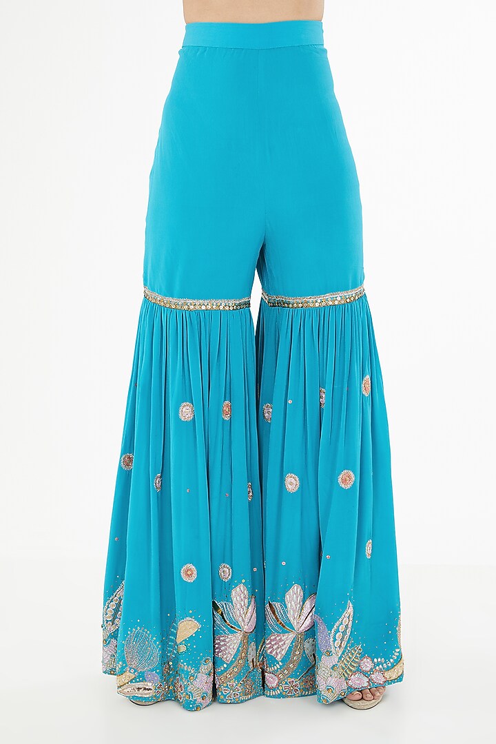 Cyan Blue Mulberry Crepe Applique Embellished Gharara Set by Aisha Rao at Pernia's Pop Up Shop