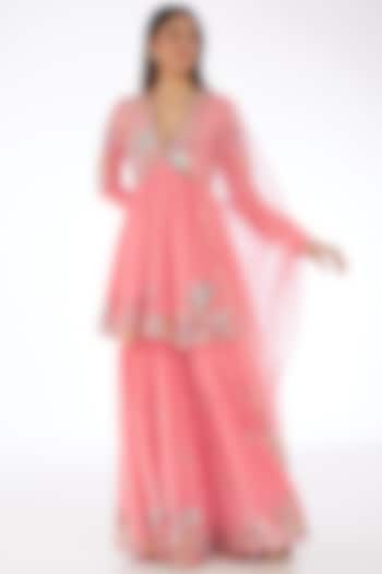 Bubblegum Pink Mulberry Crepe Applique Embellished Gharara Set by Aisha Rao at Pernia's Pop Up Shop