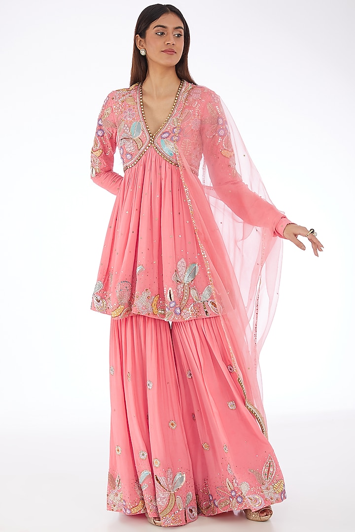Bubblegum Pink Mulberry Crepe Applique Embellished Gharara Set by Aisha Rao at Pernia's Pop Up Shop