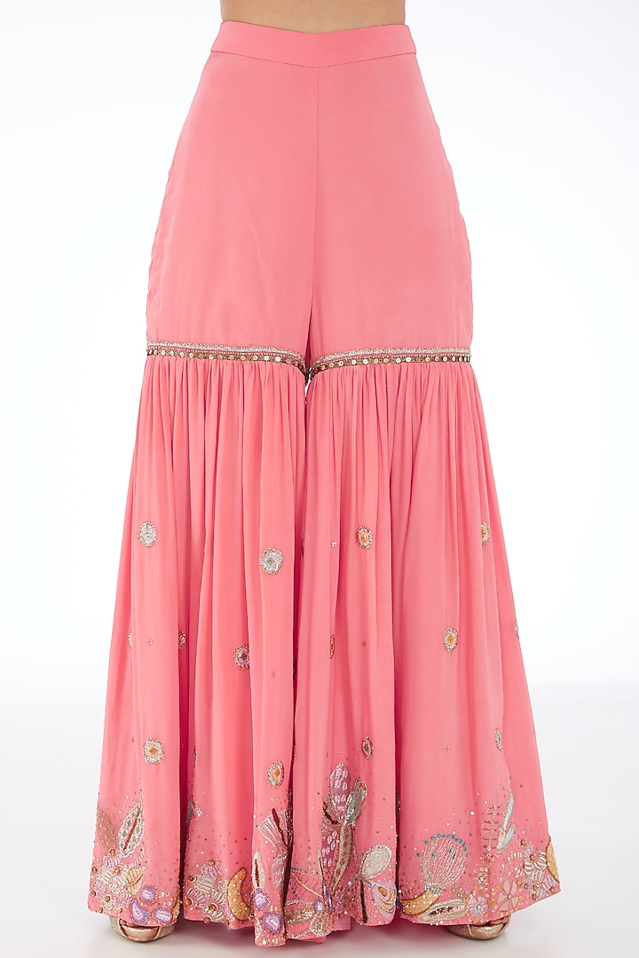 Bubblegum Pink Mulberry Crepe Applique Embellished Gharara Set by Aisha Rao at Pernia's Pop Up Shop