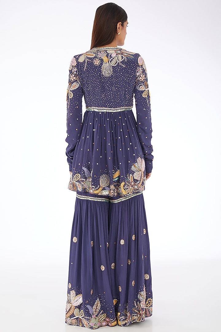 Aubergine Blue Mulberry Crepe Applique Embellished Gharara Set by Aisha Rao at Pernia's Pop Up Shop