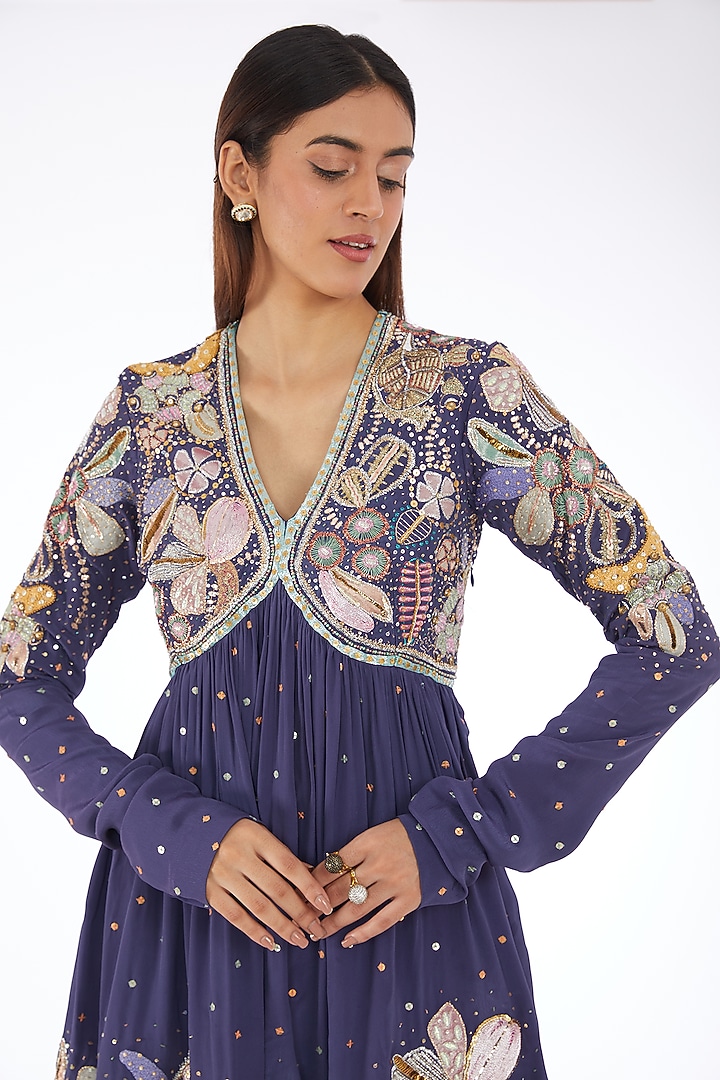 Aubergine Blue Mulberry Crepe Applique Embellished Gharara Set by Aisha Rao at Pernia's Pop Up Shop
