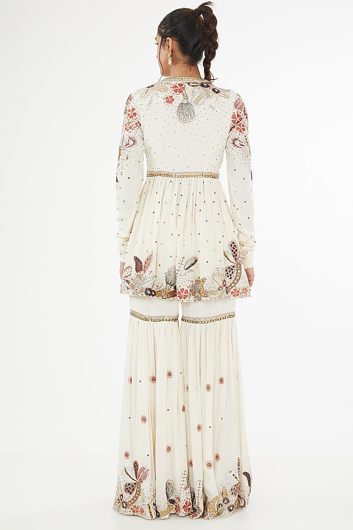 Ivory Mulberry Crepe Applique Embellished Gharara Set by Aisha Rao at Pernia's Pop Up Shop