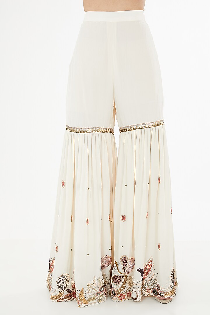 Ivory Mulberry Crepe Applique Embellished Gharara Set by Aisha Rao at Pernia's Pop Up Shop