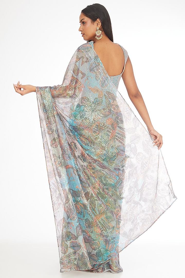Misty Blue Tulle Printed Sequin Reception Lehenga Saree Set by Aisha Rao at Pernia's Pop Up Shop