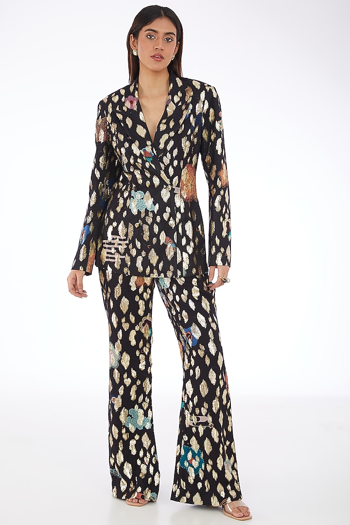 Black Dobby Double-Breasted Blazer Set by Aisha Rao at Pernia's Pop Up Shop