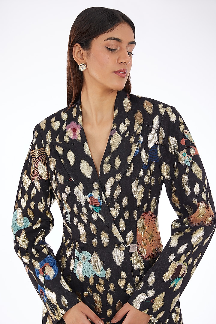 Black Dobby Double-Breasted Blazer Set by Aisha Rao at Pernia's Pop Up Shop