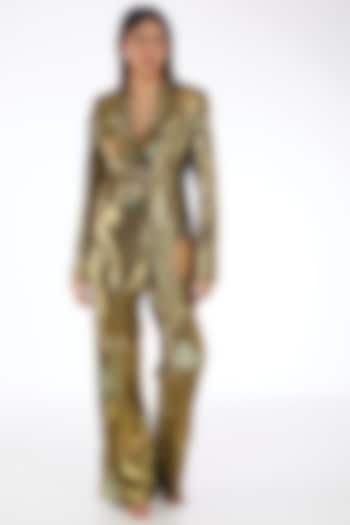 Gold Dobby Double-Breasted Blazer Set by Aisha Rao at Pernia's Pop Up Shop