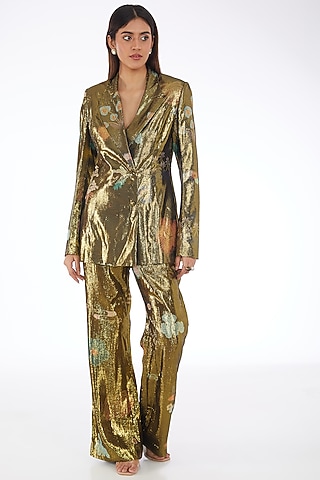 Gold Dobby Double-Breasted Blazer Set by Aisha Rao