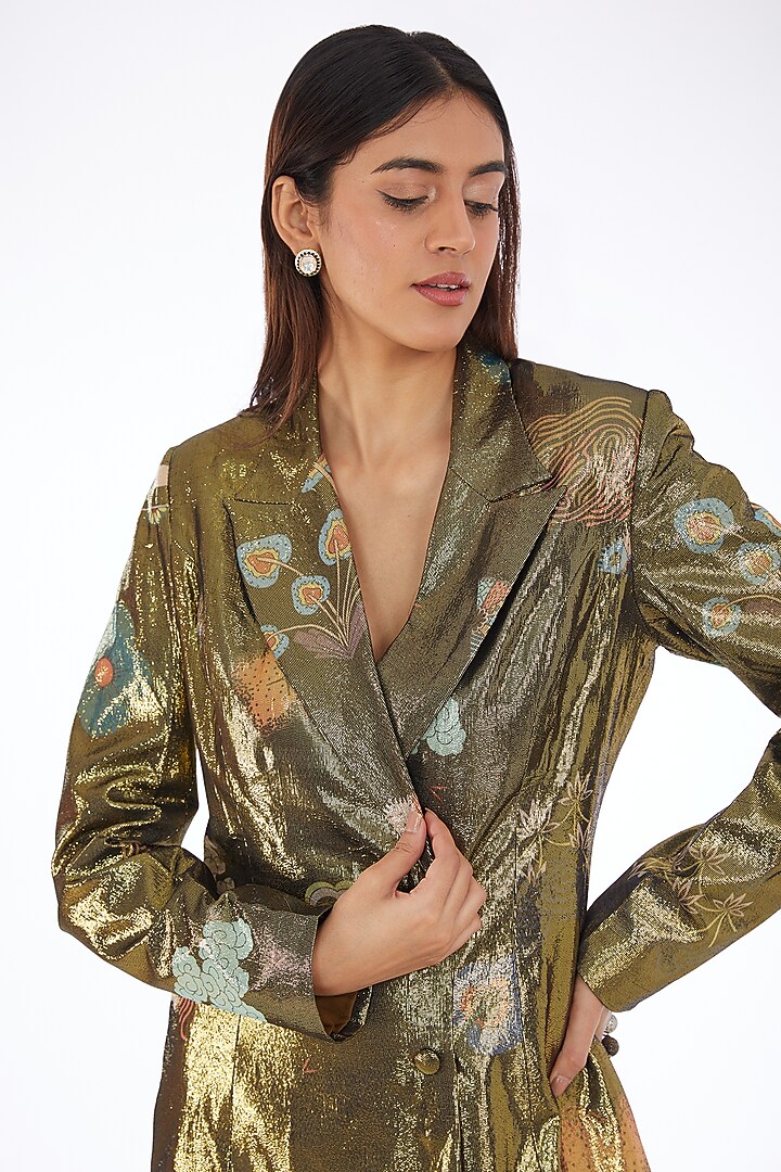 Gold Dobby Double-Breasted Blazer Set by Aisha Rao at Pernia's Pop Up Shop