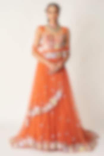 Orange Net Applique Embellished Pre-Stitched Reception Lehenga Saree Set by Aisha Rao at Pernia's Pop Up Shop