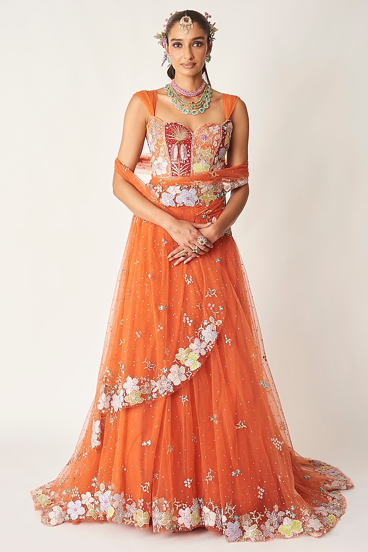Orange Net Applique Embellished Pre-Stitched Reception Lehenga Saree Set by Aisha Rao at Pernia's Pop Up Shop